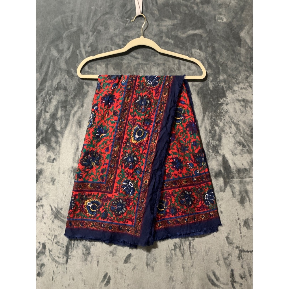Floral Scarf Womens OS Red Navy Blue Fringed Square Shawl EUC